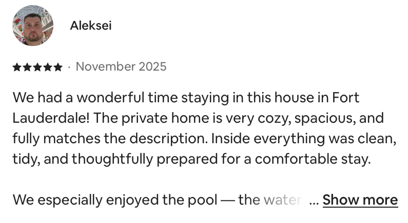 Airbnb 5-star review in Pompano Beach